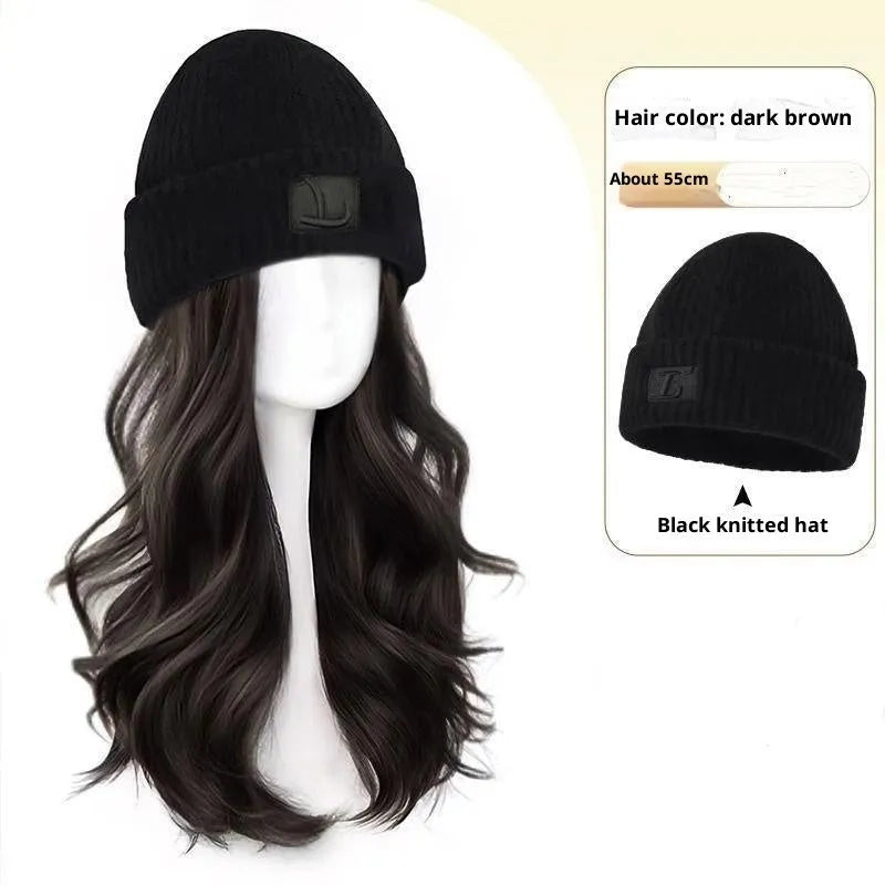Hat women's big head small integrated fashion big wave full-head wig in protein filament cold brown colour