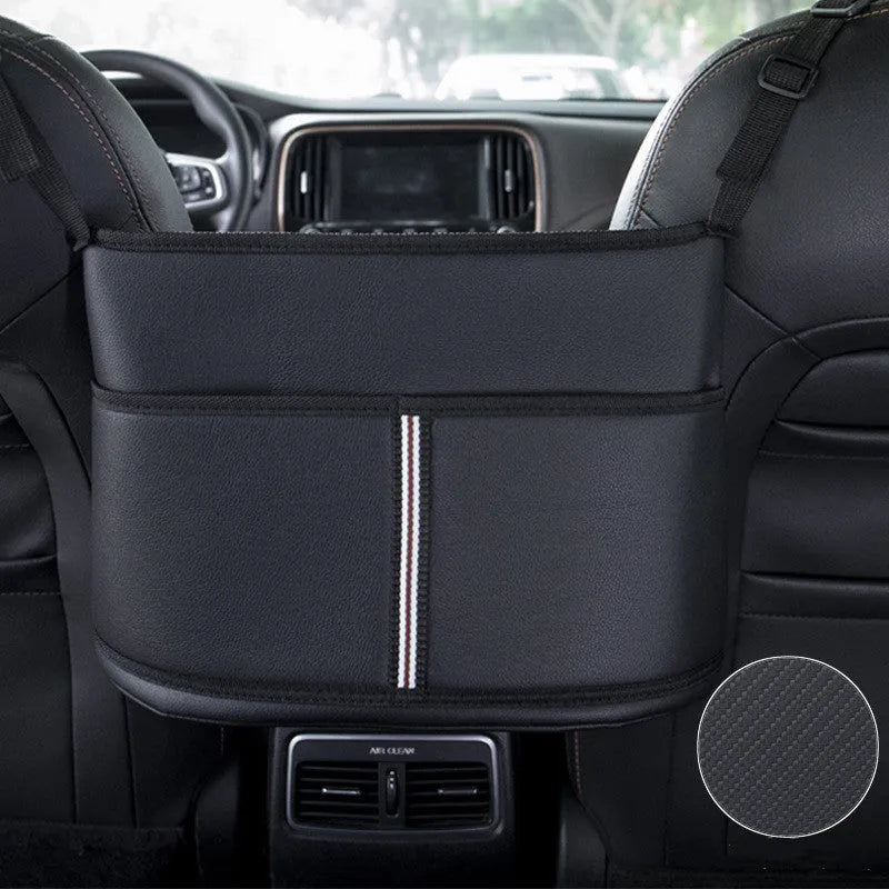 Black leather car seat storage bag with sports carbon fibre pattern, dimensions 38x24x15 cm