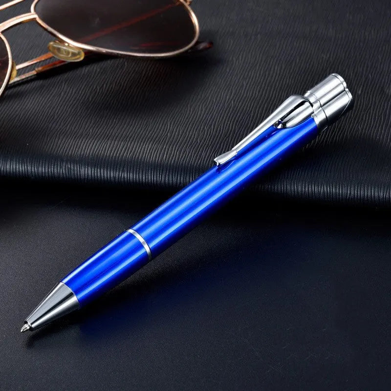 Silver metal windproof jet pen lighter with a blue flame, showing its slim 170mm design.
