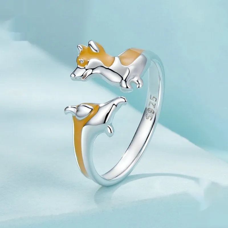 Silver ring with detailed cartoon corgi design in electroplated SCR1014-E colour for women