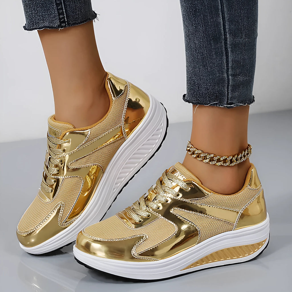 Women's gold mesh platform sandals with cross strap and round toe design