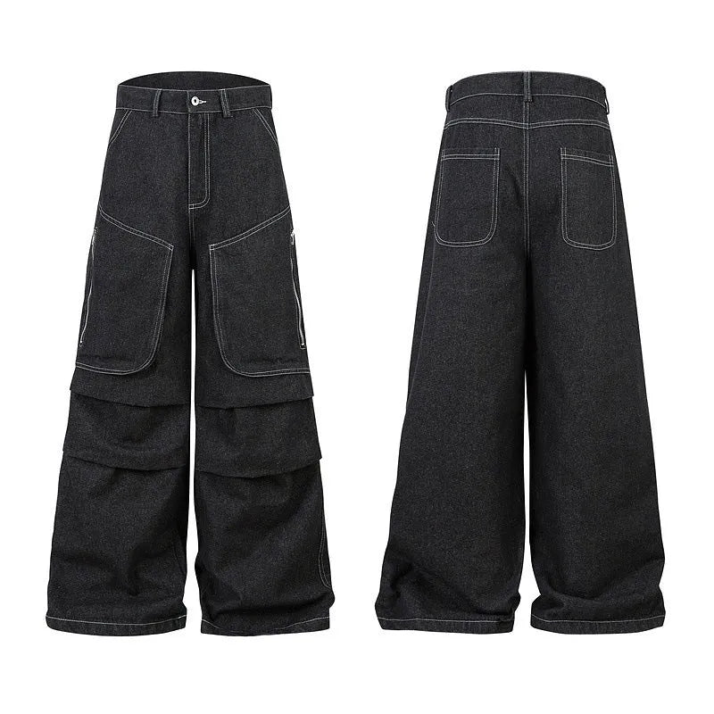 Black denim work trousers with multiple pockets and pleated front design on mid-waist fit