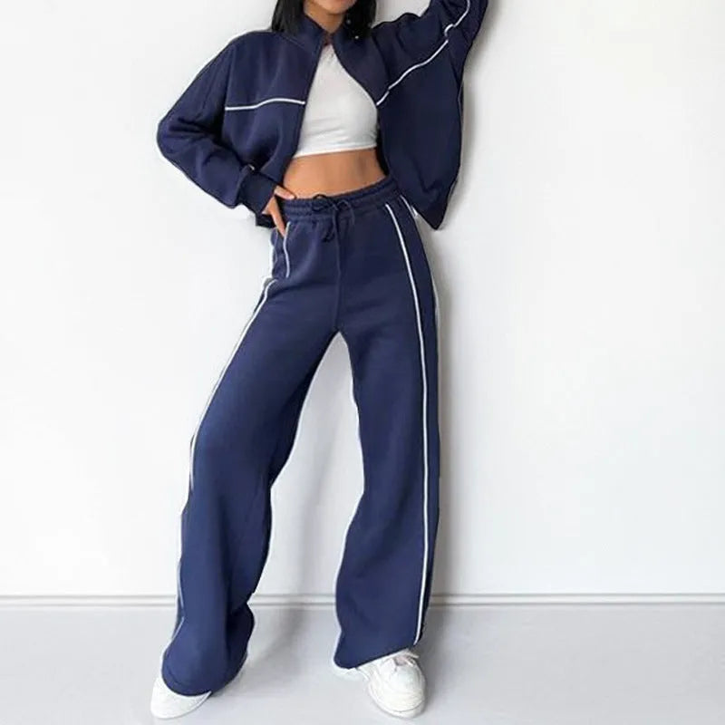 Casual striped suit set with mock neck hoodie and trousers in six colour options
