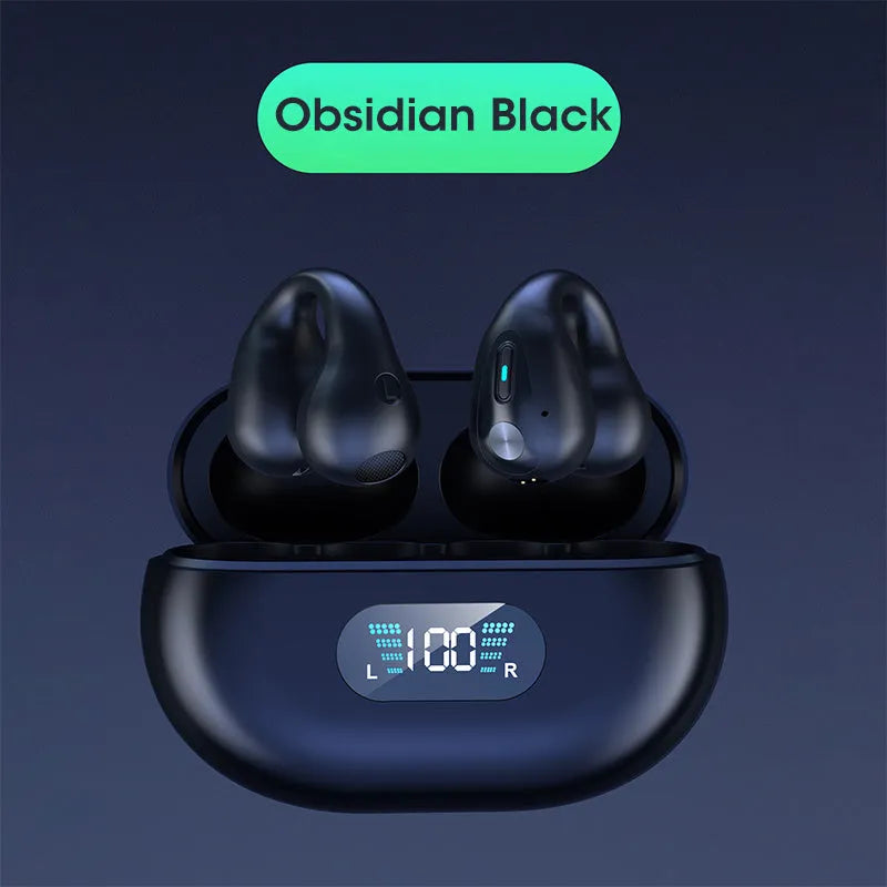 Bone conduction Bluetooth headset with ear clip design in black, white, or khaki colour.