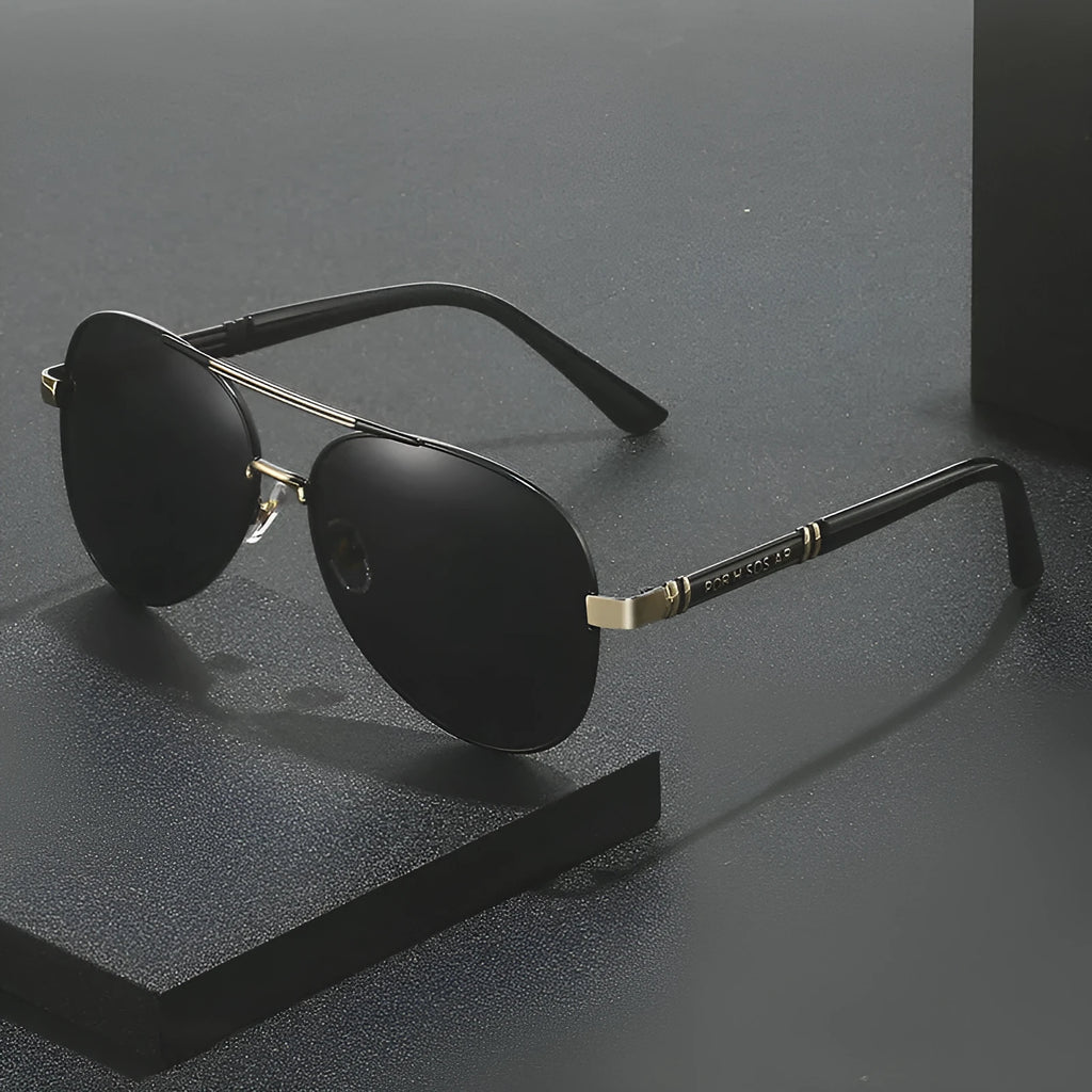 Men's polarised sunglasses with photosensitive colour changing lenses black frame and grey lenses