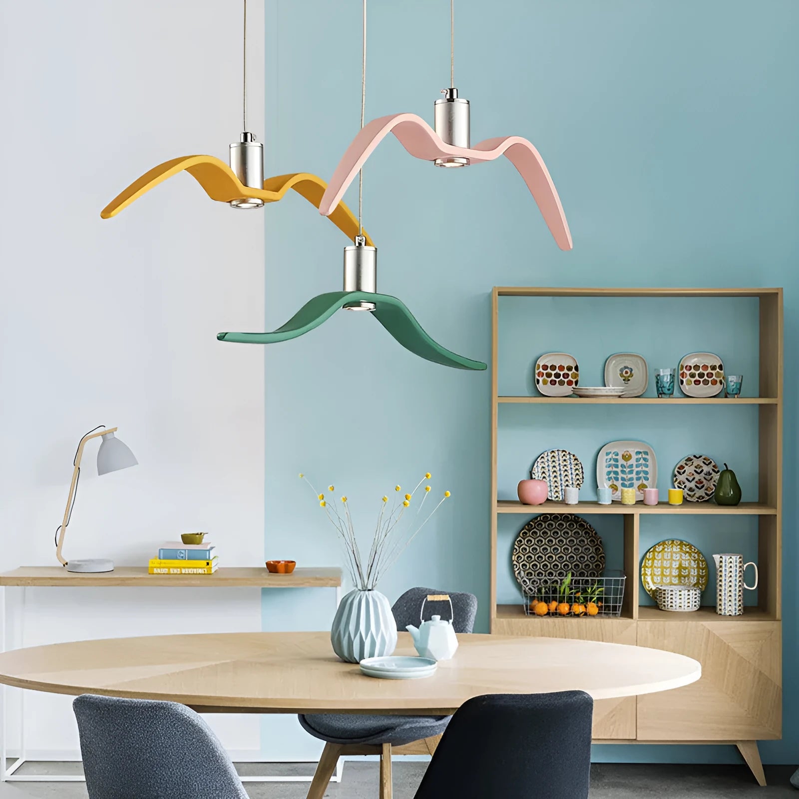 Nordic postmodern LED chandelier ceiling light with macaron colour options for restaurants and homes
