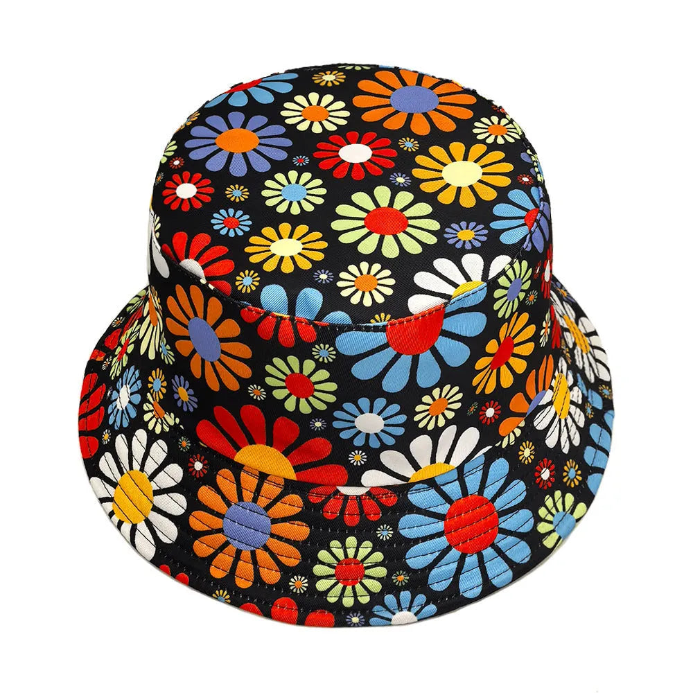 Colourful retro flower print polyester bucket hat with dome crown on white background.