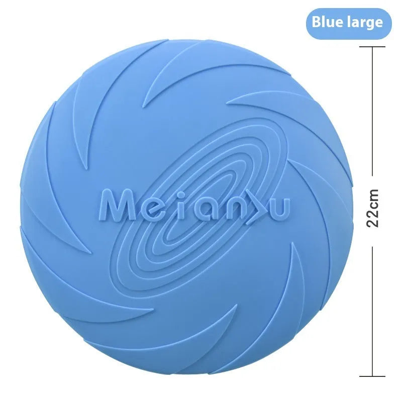 Dogs Base soft rubber dog frisbee toy in red, blue, and green colours shown in small, medium, and large sizes.
