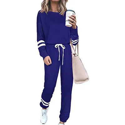Women's plus size casual suit with long sleeve top and trousers in cotton blend fabric