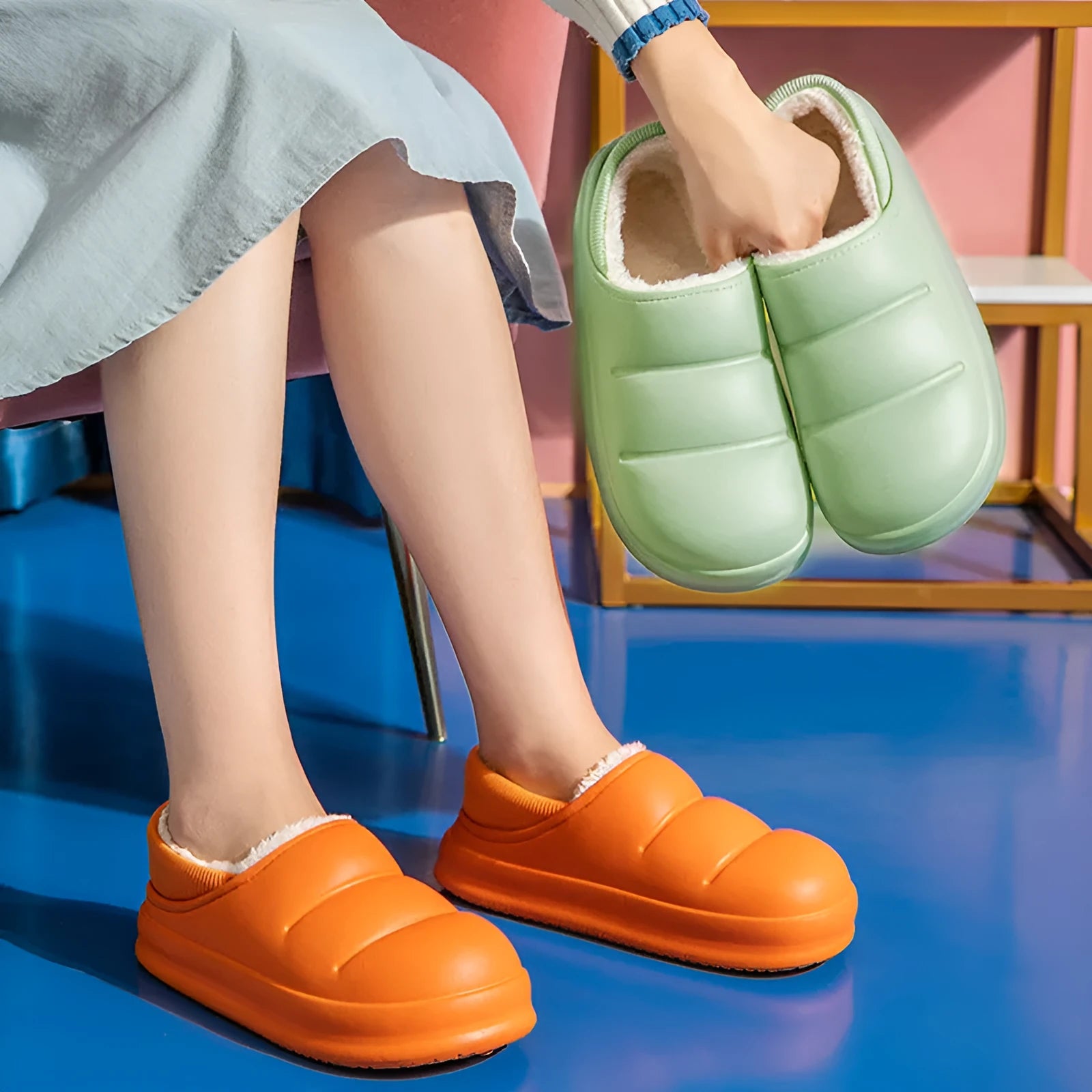 Yellow and green waterproof EVA winter house slippers with plush lining and non-slip sole.