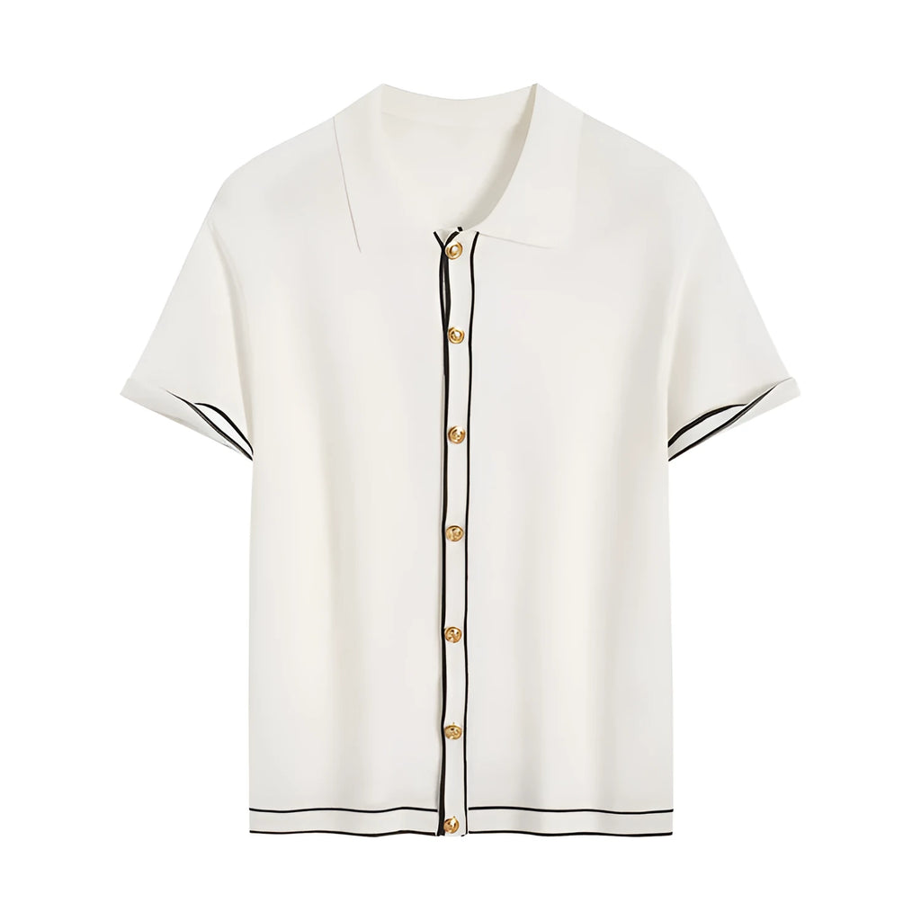 Women's white short sleeve cardigan shirt with contrast colour lapels on a hanger.