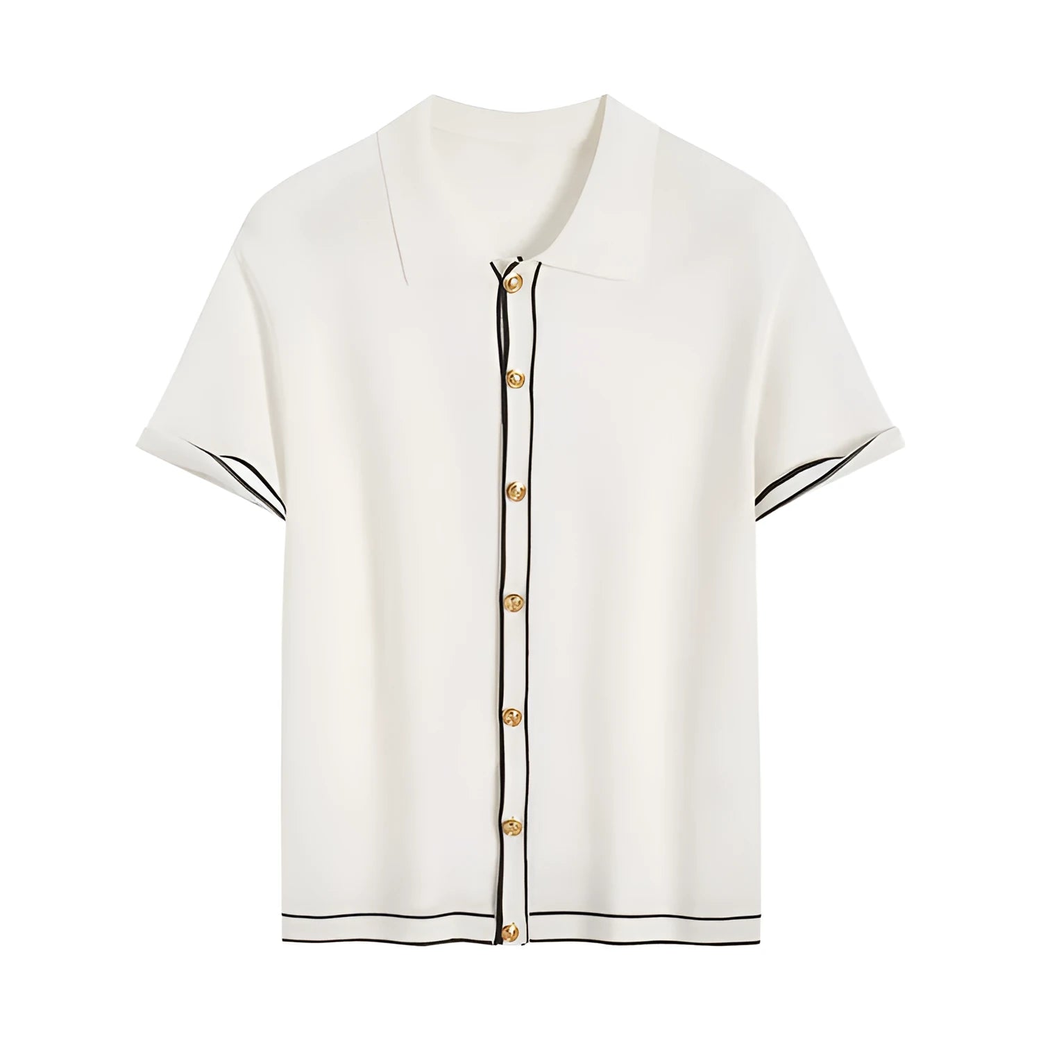 Women's white short sleeve cardigan shirt with contrast colour lapels on a hanger.