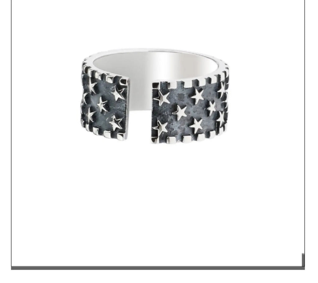 Adjustable silver ring with geometric five-pointed star pattern in 925 sterling silver