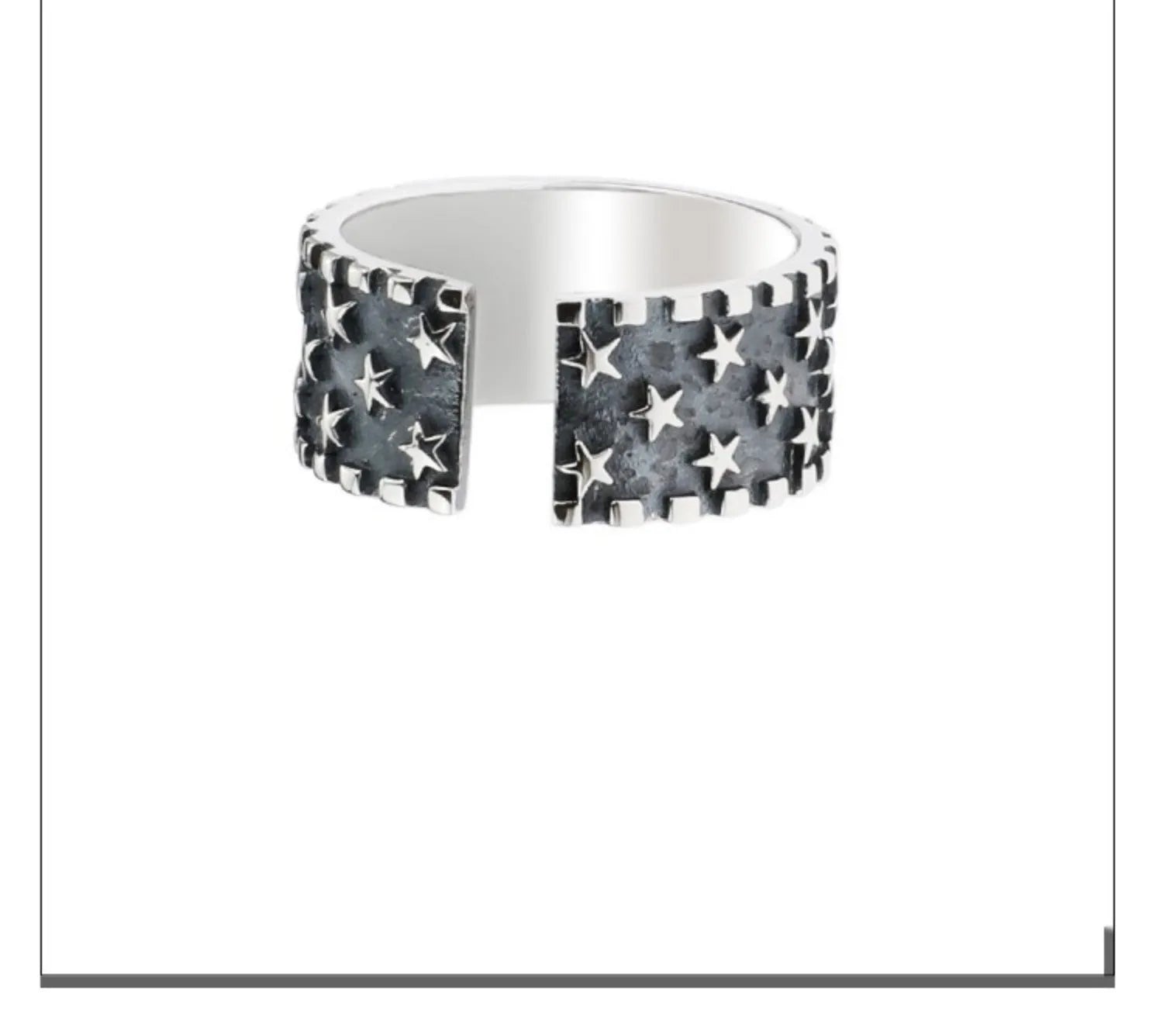 Adjustable silver ring with geometric five-pointed star pattern in 925 sterling silver