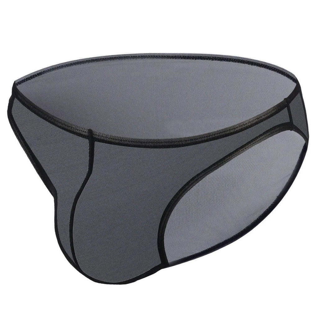 Men's black ice silk briefs with low waist triangle design on mannequin
