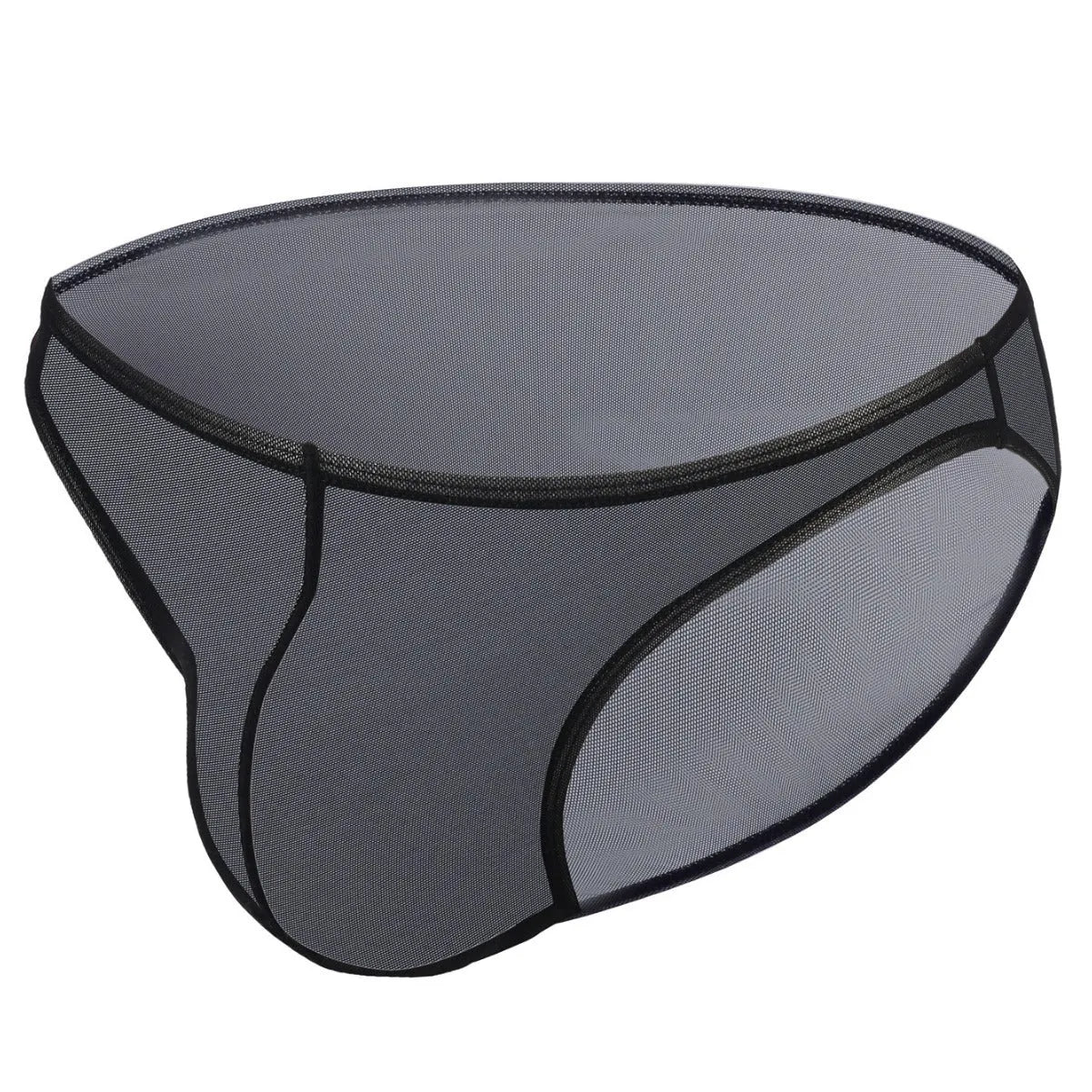 Men's black ice silk briefs with low waist triangle design on mannequin