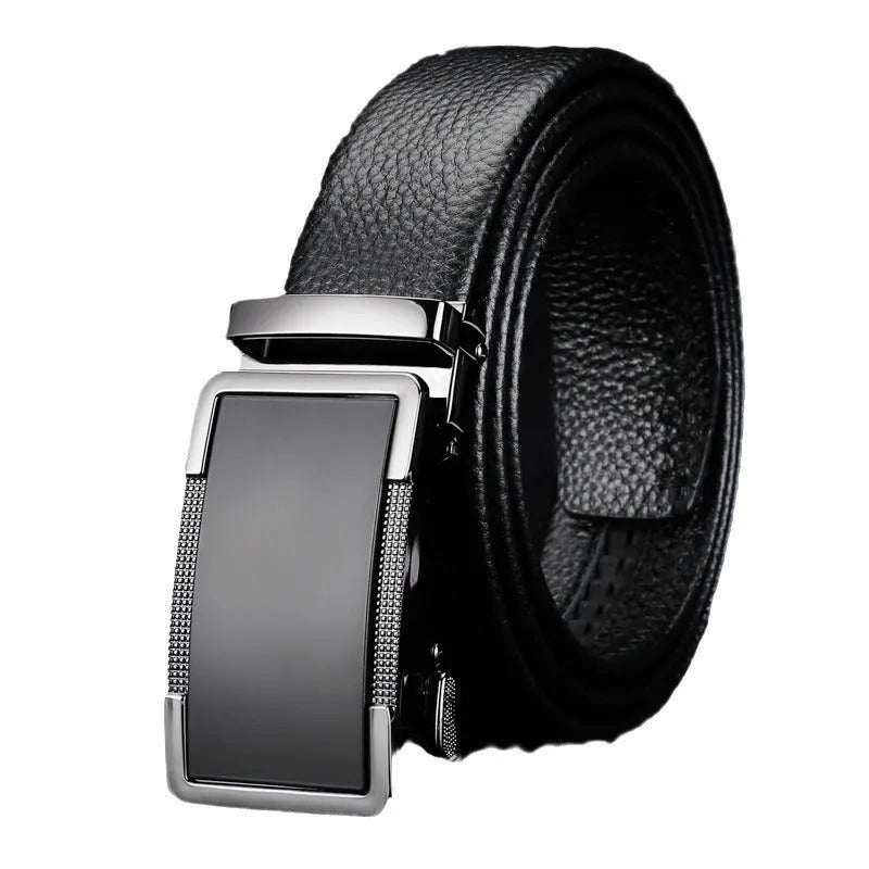 Men's leather automatic click belt in gold, silver, and gun black finishes showing buckle detail