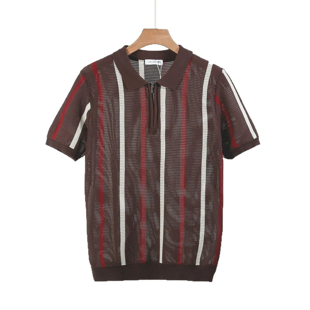 Short-sleeved polo shirt in hollow mesh ice silk fabric with decorative zipper detailing