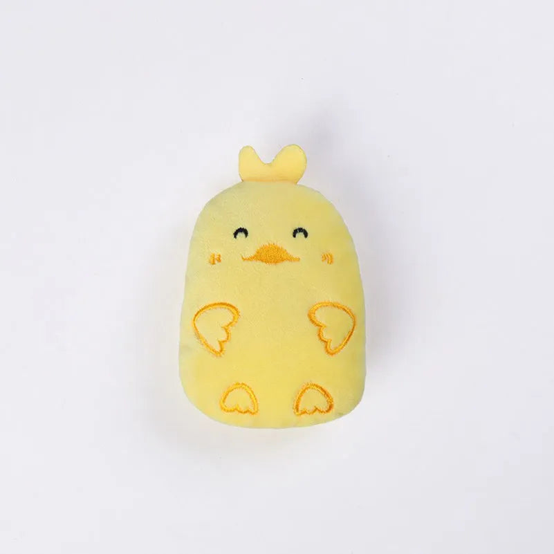 Small plush catnip toy with vocal feature for feline teeth grinding and claw play