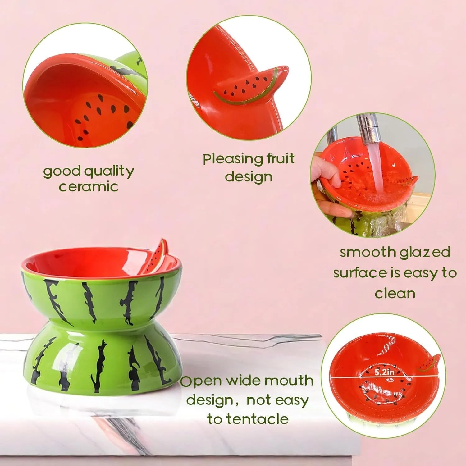 Ceramic raised cat feeder bowl in orange patterned design on a white surface.
