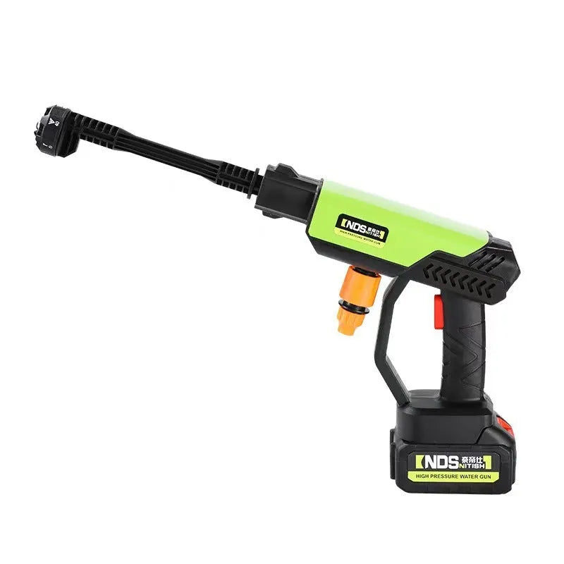 Green handheld wireless high-pressure water gun with six-in-one metal nozzle and lithium battery.
