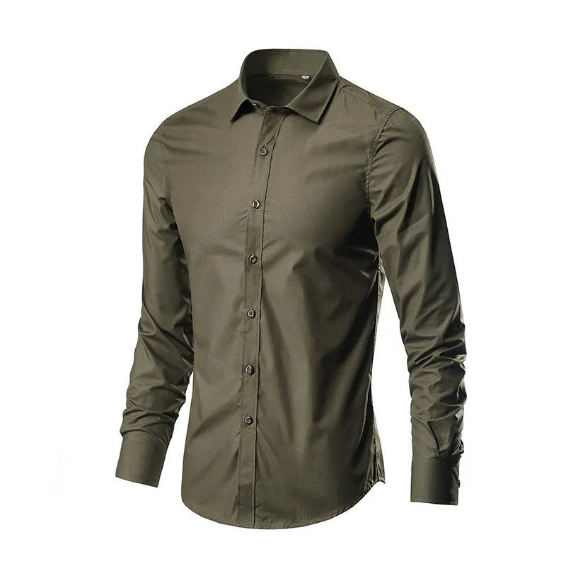 Man wearing a loose-fit linen long sleeve shirt in a neutral colour, showing the slim profile and button front.