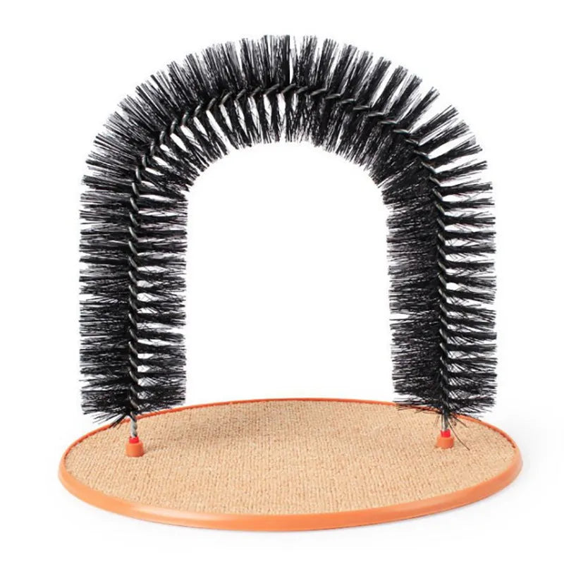 White plastic arched cat grooming tunnel with built-in brush bristles for scratching and rubbing