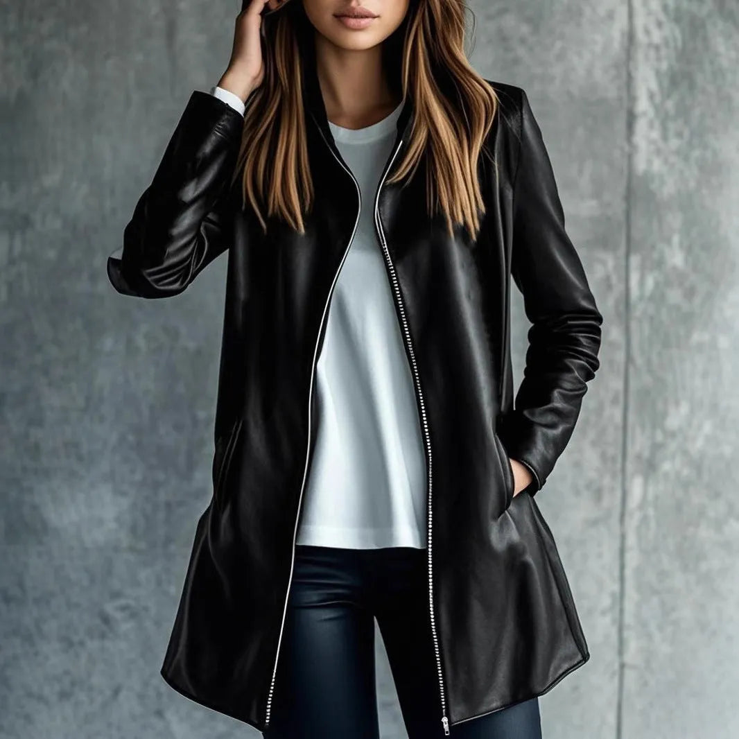 Black polyester leather jacket for women, medium length 65cm with long sleeves.