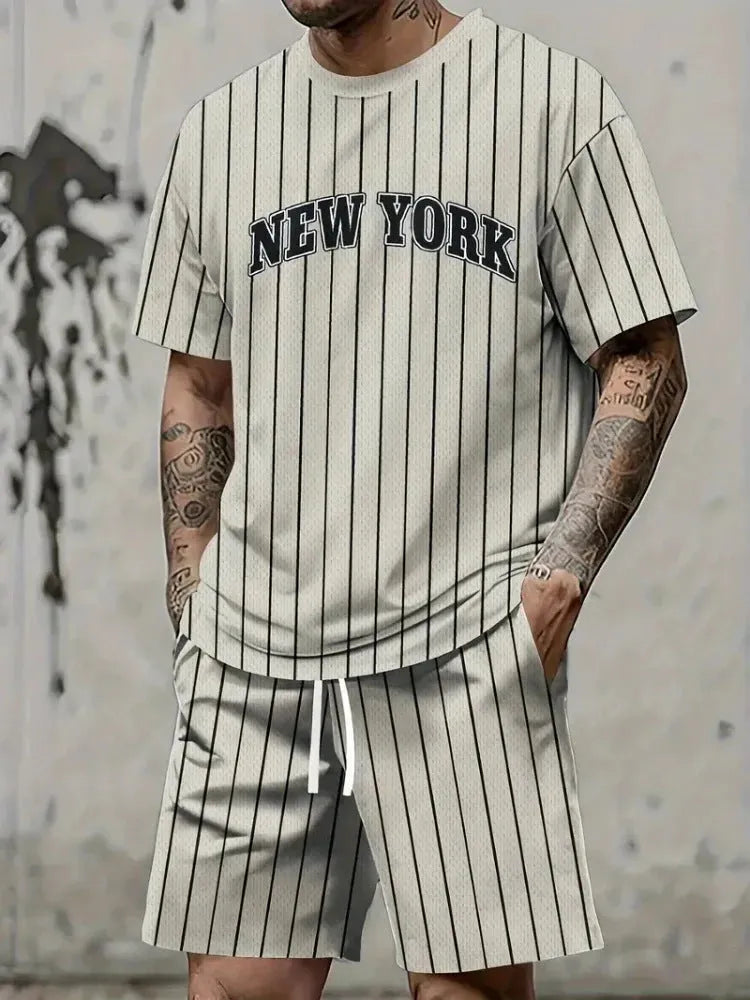 Men's black and white 3D printed letter short sleeve top and shorts suit set