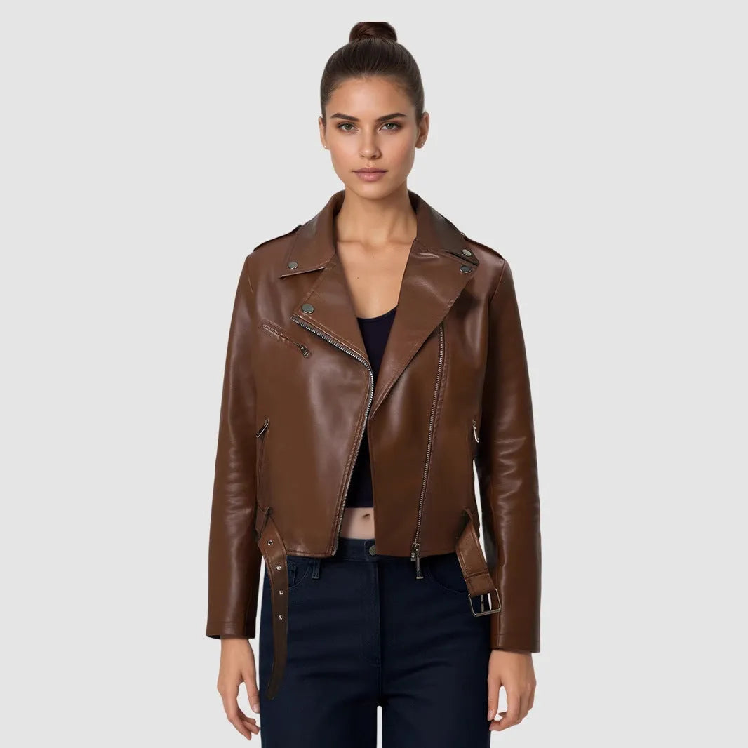 Women's black PU leather motorcycle-style jacket with a lapel short belt fastened at the waist.