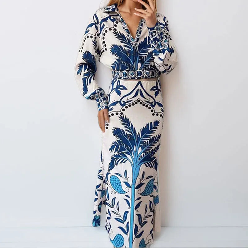 Women's picture colour polyester long-sleeve top and long skirt two-piece casual co-ord set