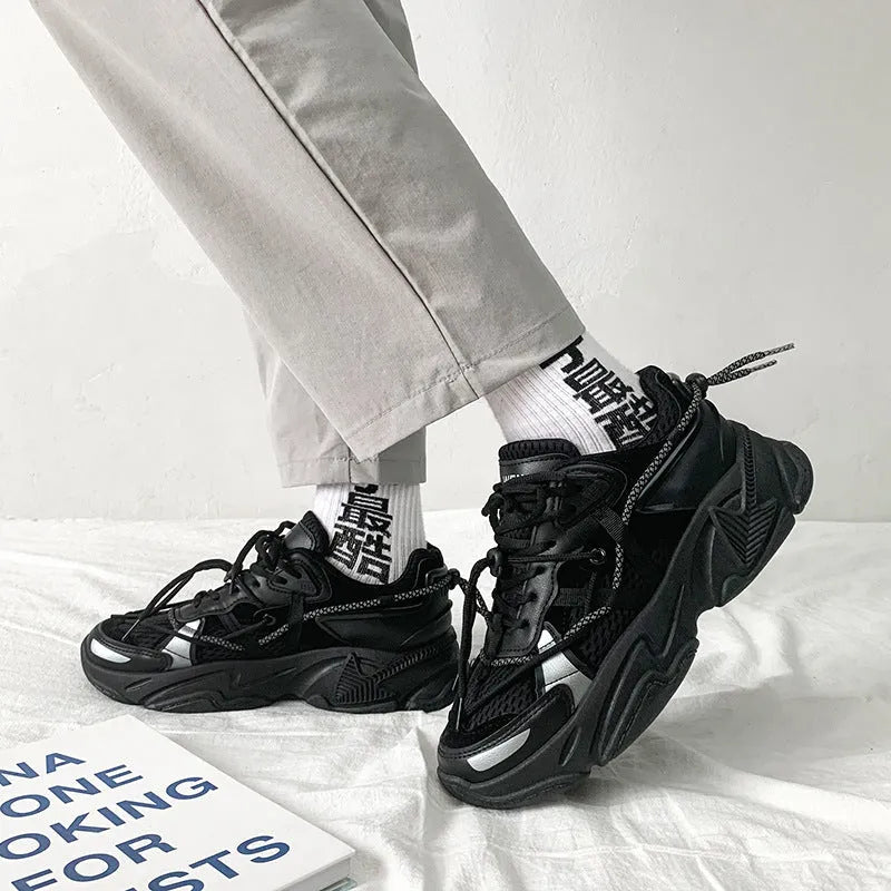 Men's white platform dad sneakers with lace-up front and chunky sole for height increase.