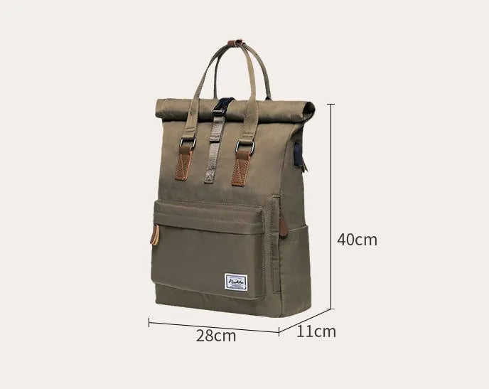 Casual polyester backpack with cover flap open, showing internal laptop pocket and zipper pocket.