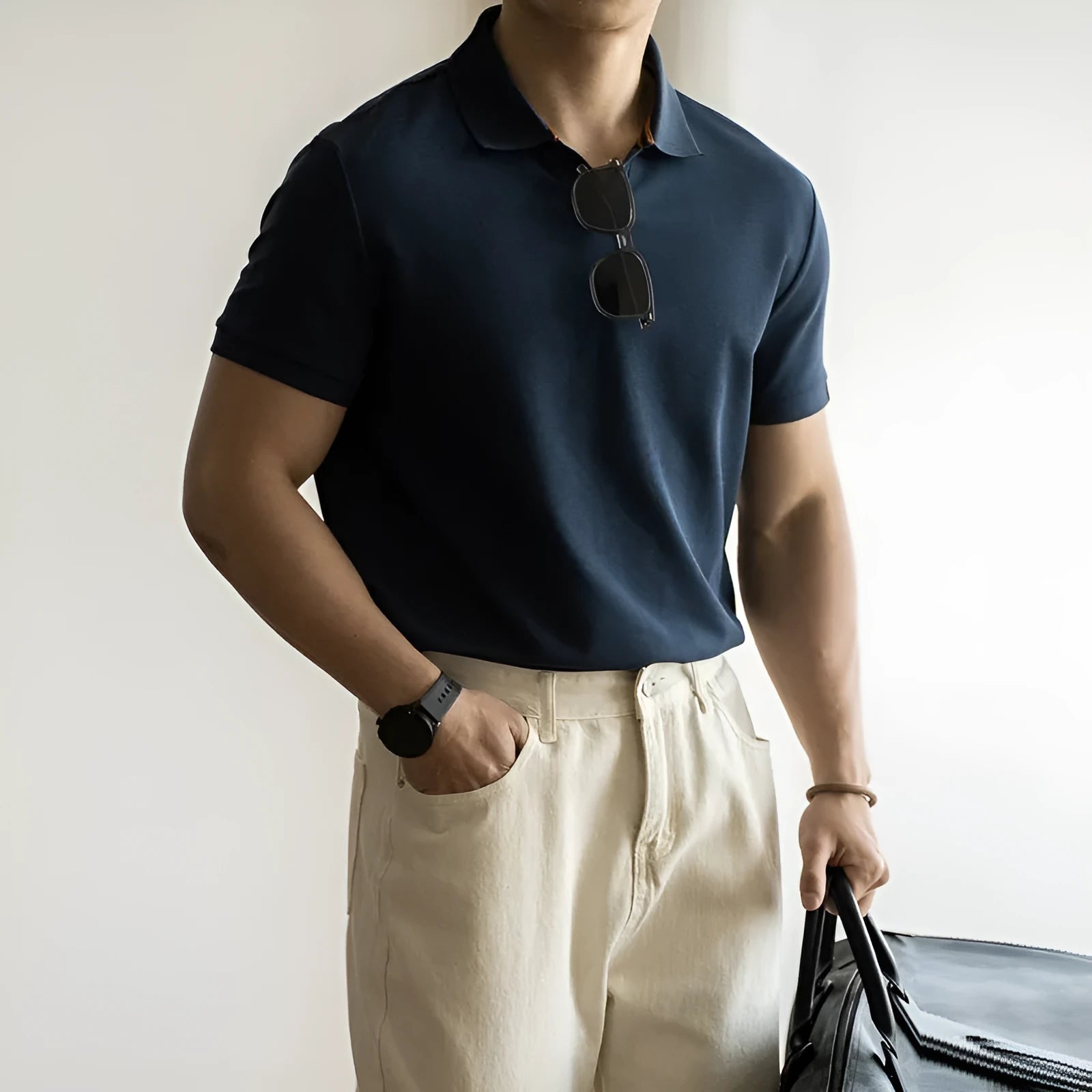American-style short-sleeve polo shirt in blue, shown on a model.