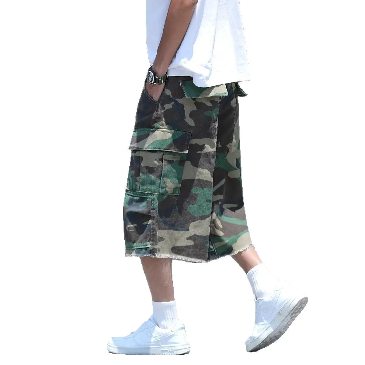 Men's camouflage pattern shorts with retro workwear styling and loose cropped fit