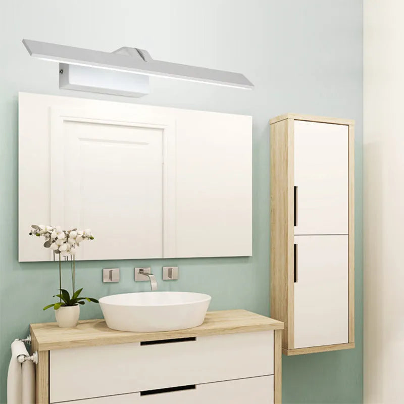 White rectangular LED mirror headlight with dimmable three-colour lighting for bathroom and makeup use