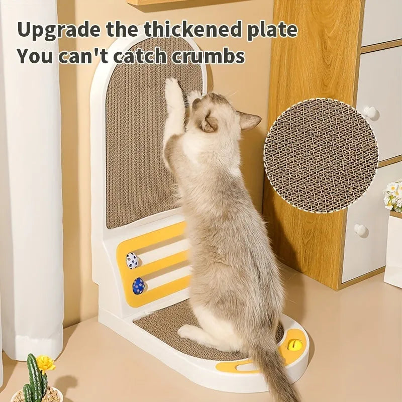 Grey L-shaped vertical cat scratching board made of corrugated cardboard on a wooden floor.