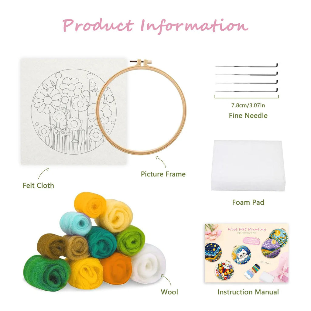 Round linen embroidery kit with wool felt pieces for 3D flowers and leaves, includes a free frame.