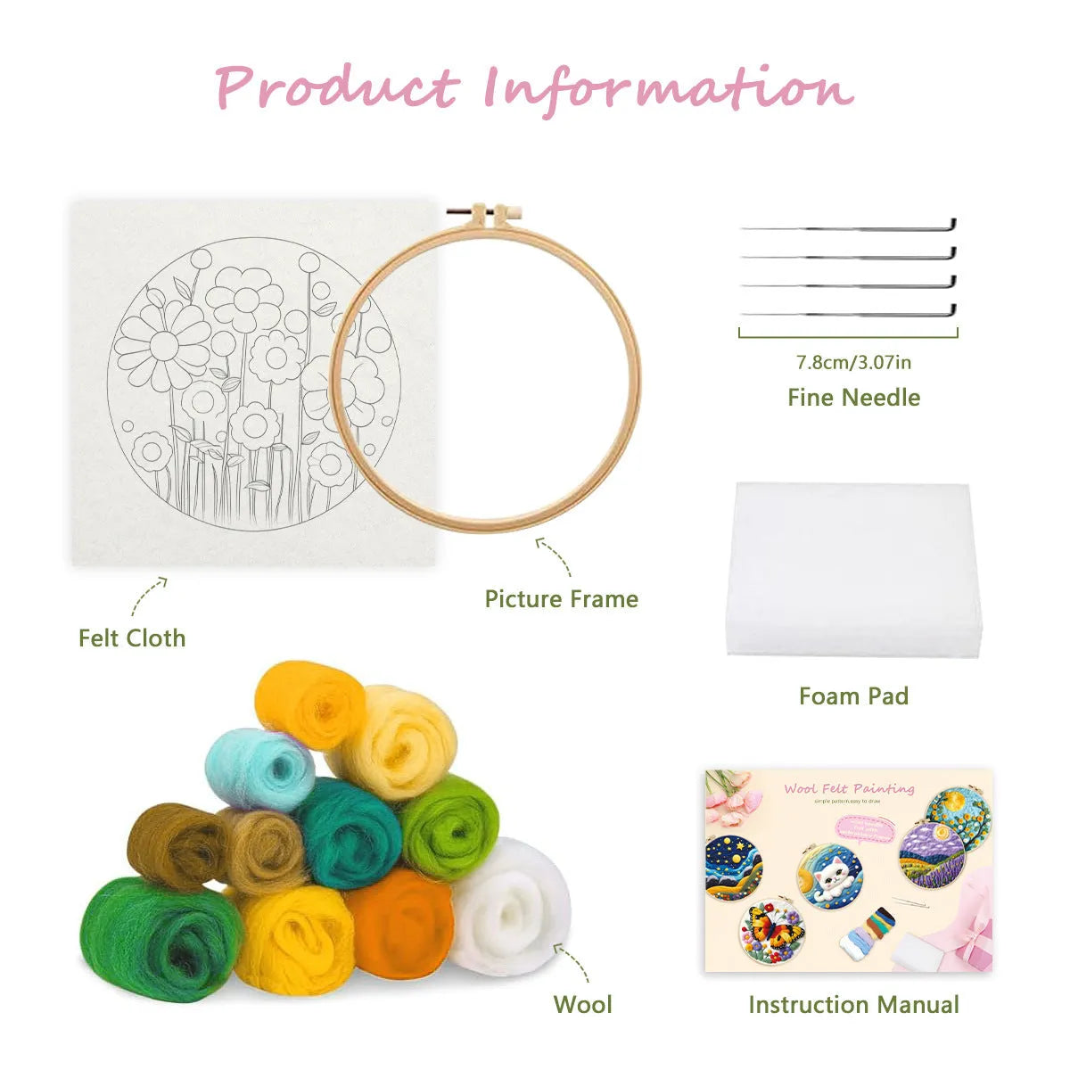 Round linen embroidery kit with wool felt pieces for 3D flowers and leaves, includes a free frame.