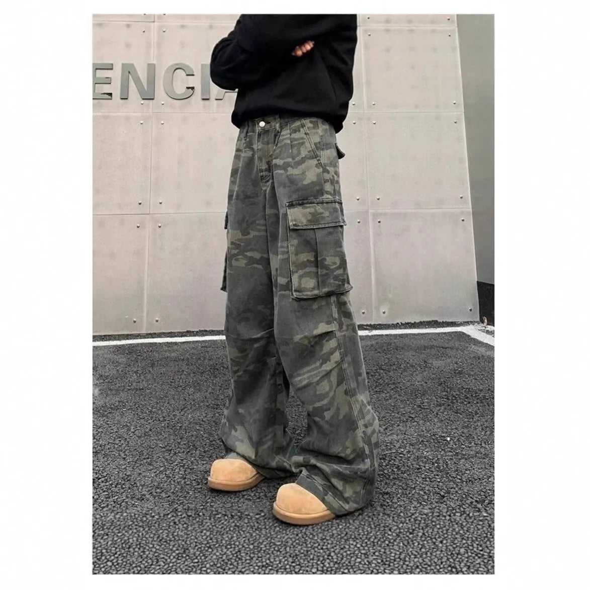 Men's cotton blend cargo trousers with multiple pockets in washed camouflage pattern