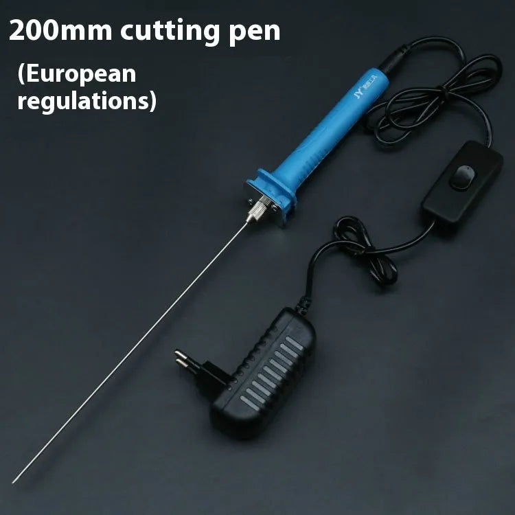 Blue electric heating cutter pen for cutting foam and polystyrene boards on a work surface