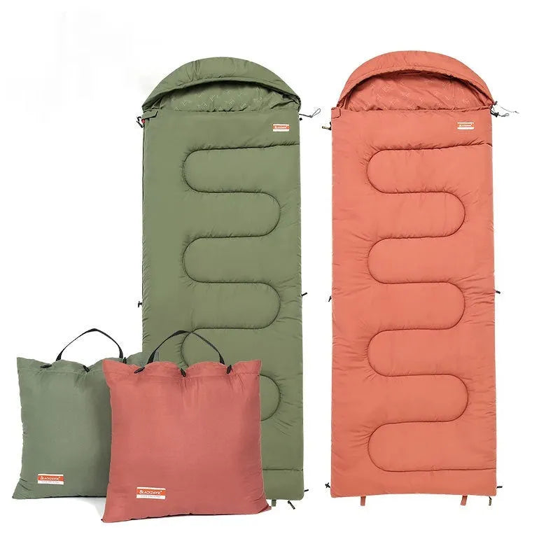 Cotton camping sleeping bag in ochre colour folded to show portable design