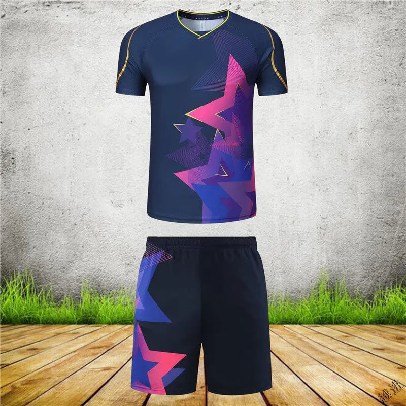 Badminton sportswear outfit with short-sleeved top and trousers in polyester fabric
