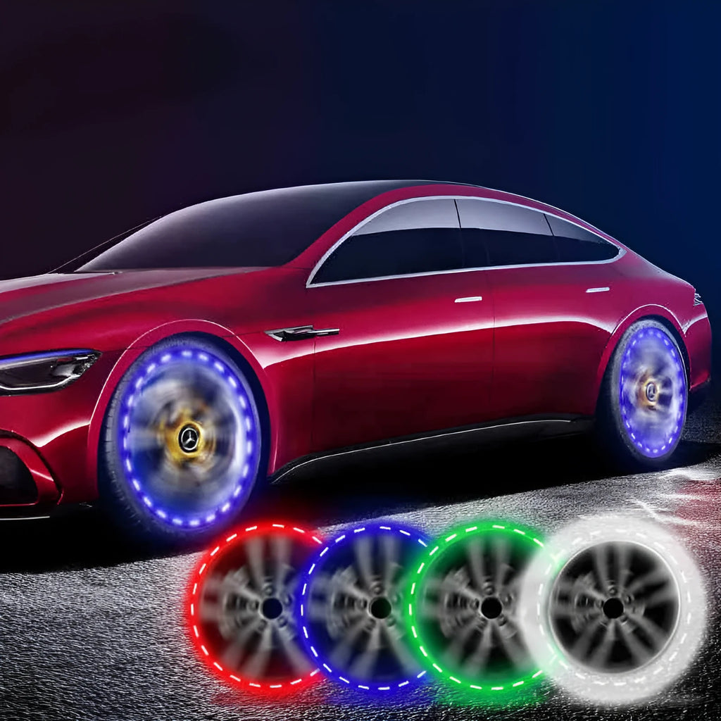 Solar-powered LED hub decorative lights mounted on vehicle wheel with multiple flash modes