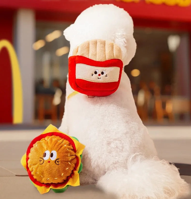 Burgundy red and blue cartoon hamburger chips design pet walking vest with leash and backpack