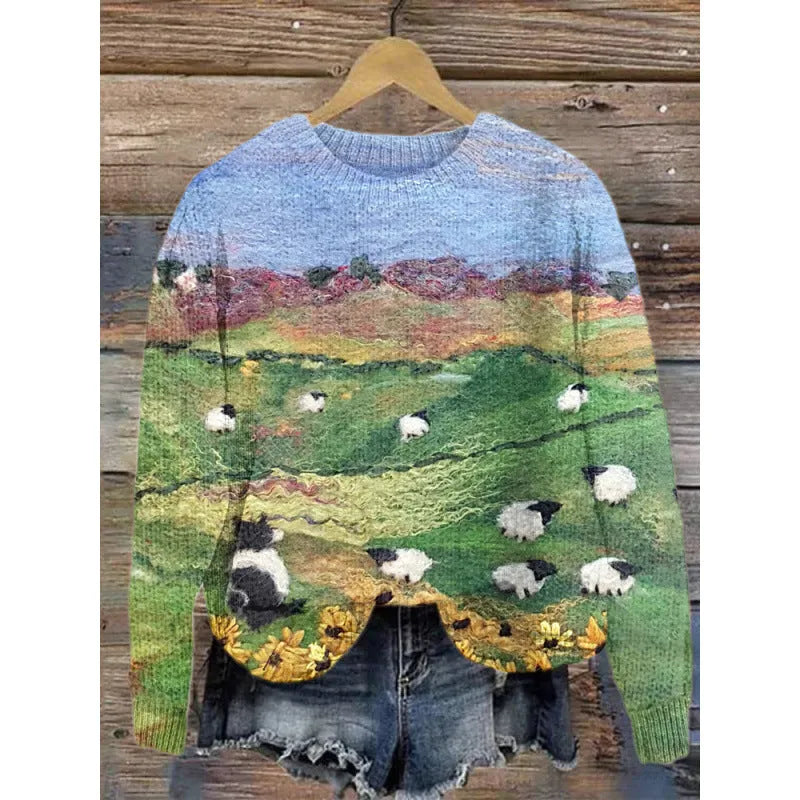 Digital printed round neck sweater showing Little Flower pattern in various colour options