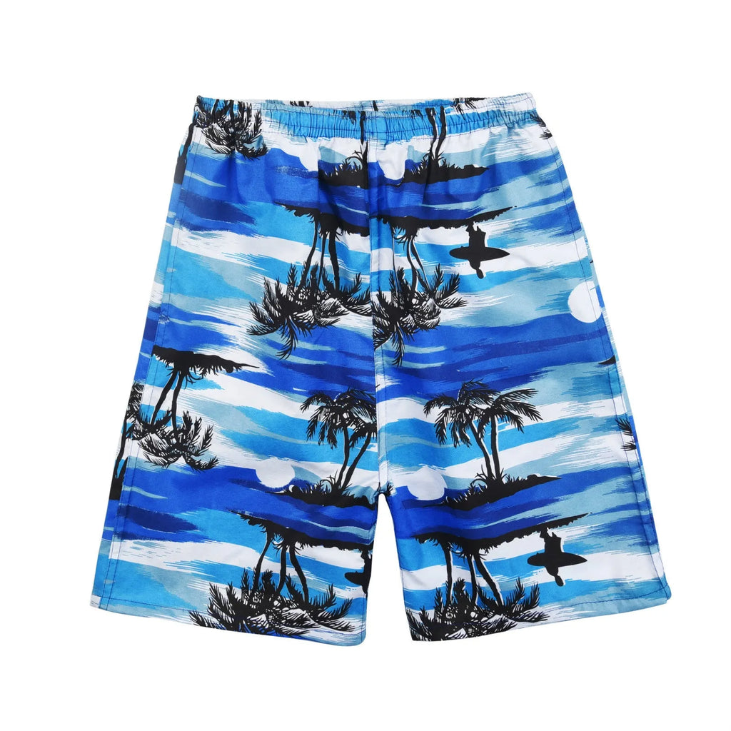 Men's casual floral print five-point swimming trunks made from polyester fabric.