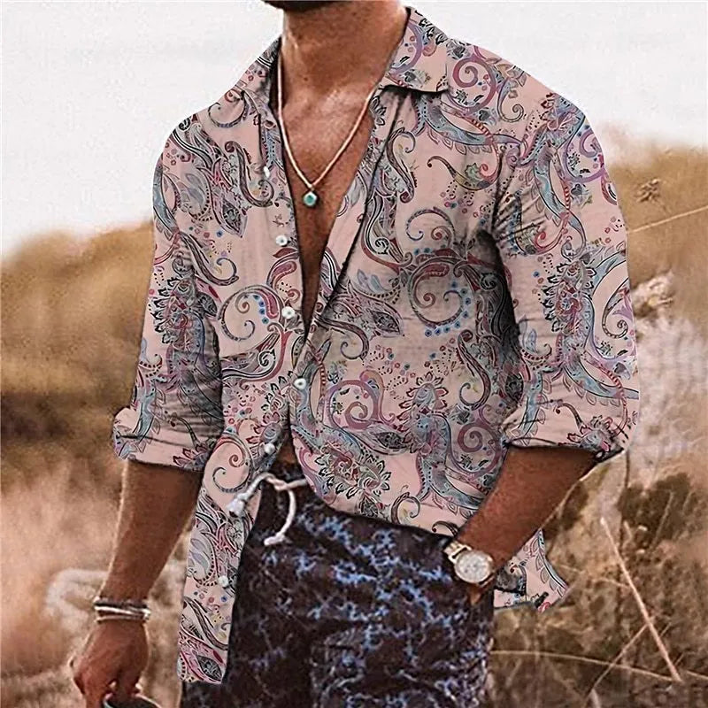 Man wearing a loose-fit long sleeve shirt with a vibrant 3D digital print floral pattern.