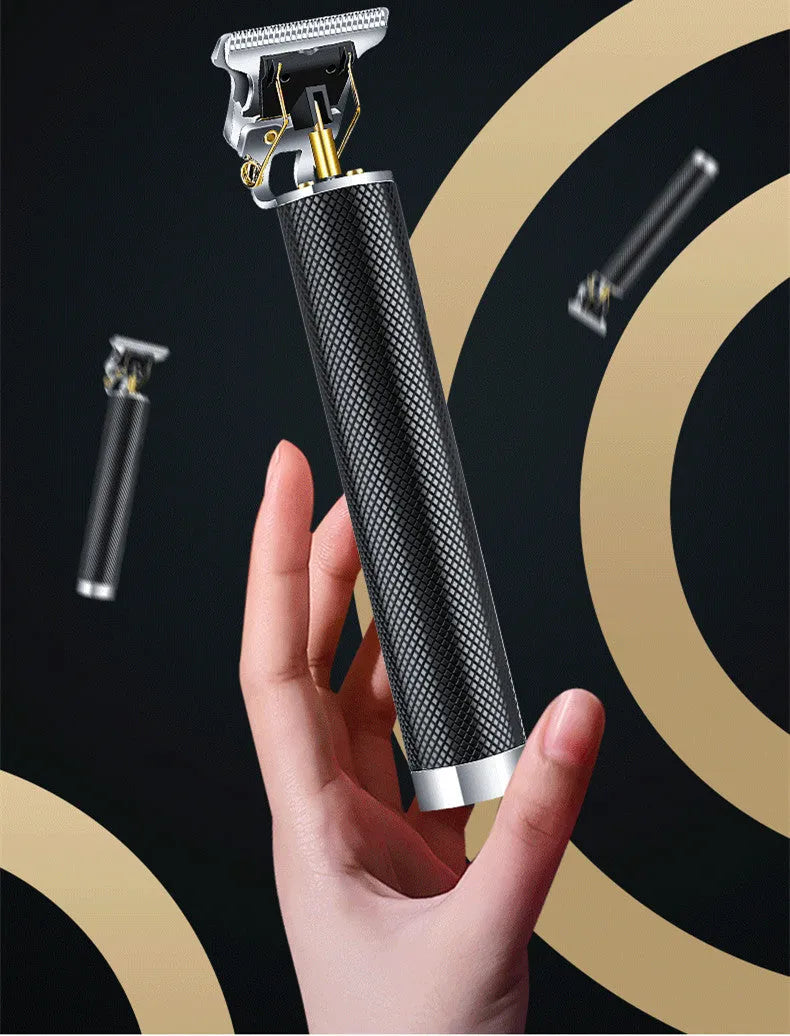 Black rechargeable electric hair clipper with gold steel blades, four combs, and cleaning brush