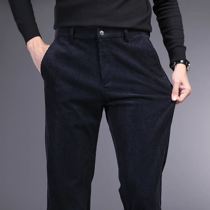Men's straight-leg striped trousers in khaki colour shown laid flat, featuring a zip fly and no belt loops.